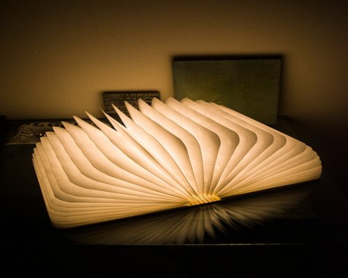 Open book on a table illuminated by a warm reading lamp